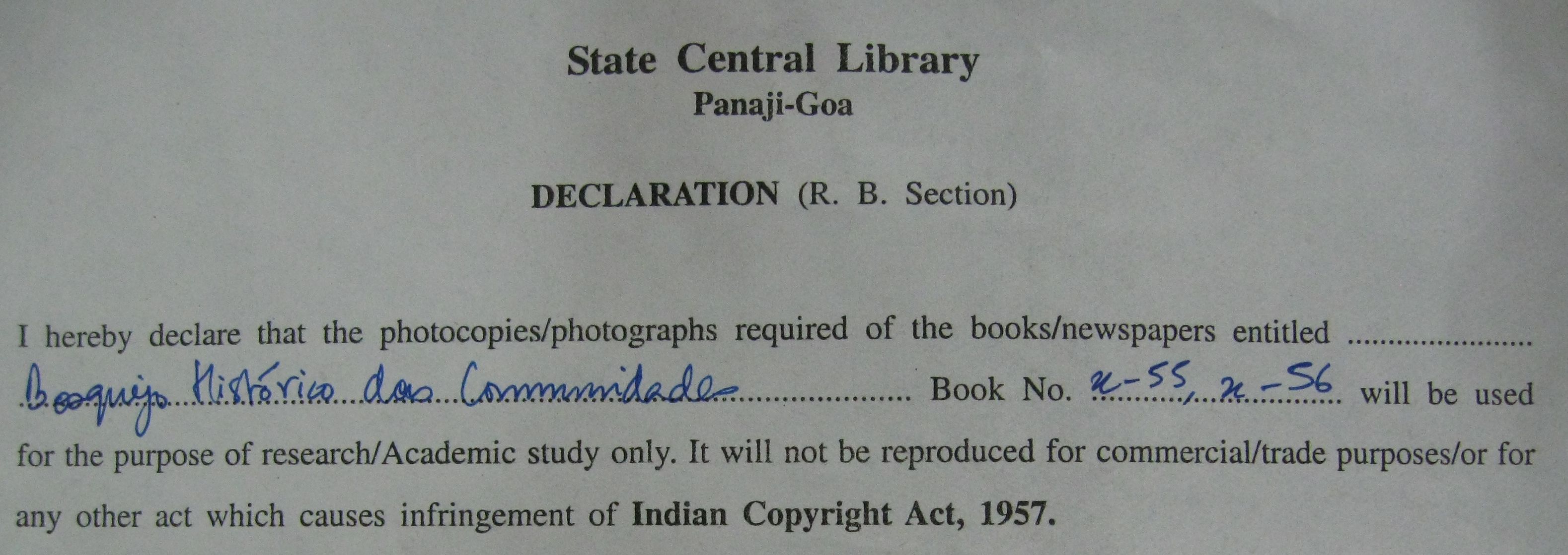 Form of declaration assuring proper use of photocopied material from the Central Library, Panjim.